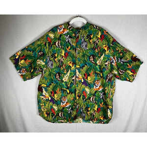 VTG Mens 3XL Safari Jungle Animals Tropical Button Up Aloha Shirt Ugly Kitschy